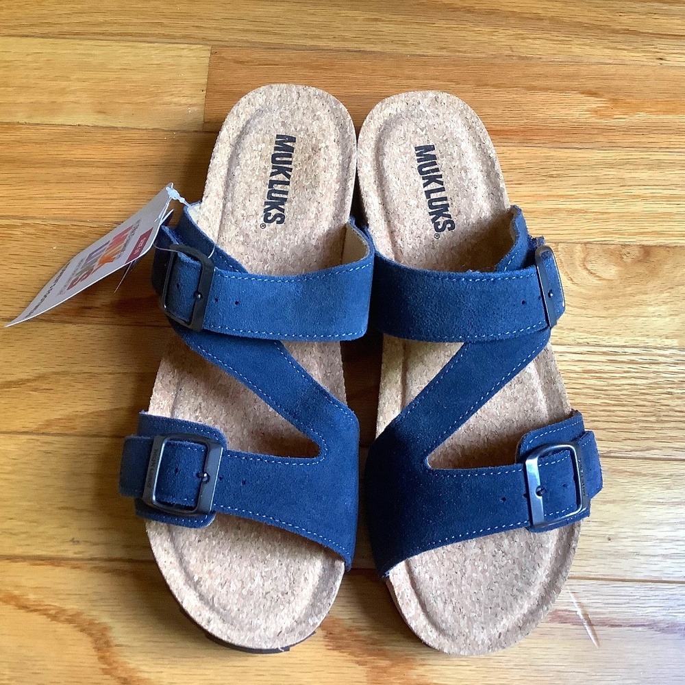 MUK LUKS Poppy Suede Double Buckle Sandals Denim Blue SZ 10